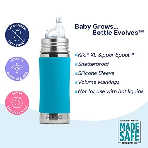 Pura Kiki 9oz/260ml Stainless Steel Insulated Sippy Bottle w/Sleeve, Plastic-Free, MadeSafe Certified, Medical-Grade Silicone Sipper Spout Fast Flow for Kids, Toddlers, Babies & Infant – Rose