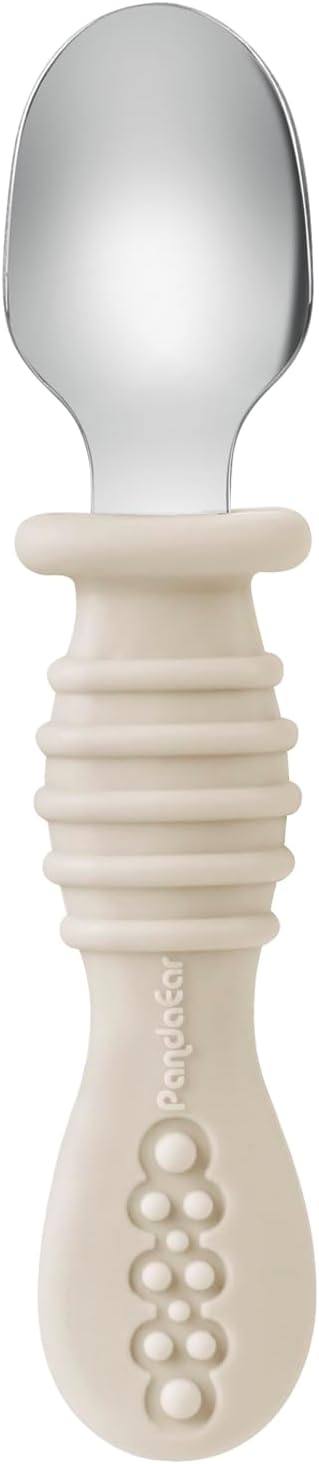 PandaEar 6 Pack Toddler Fork and Spoon Utensil Set, Baby Silicone Stainless Steel Silverware Spoon Fork for Babies Kids, BPA Free (Walnut&Linen&Brown)