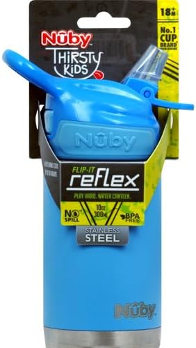 Nuby Thirsty Kids No Spill Flip-It Reflex Stainless Steel Travel Cup or Water Bottle - 10 Oz - 18+ Months - Blue - Back to School Essentials