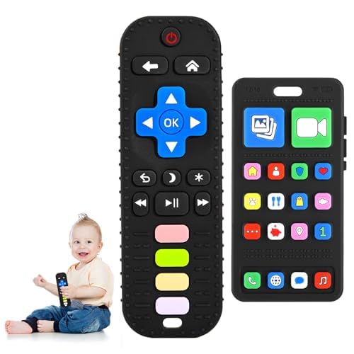 Avkast Teething Toys for Baby 3 6 12 18 Months, TV Remote Control Phone Baby Teether Toys, Babies Chew Toys, Food Grade Silicone Teething Toys for Infants, BPA Free, for Babies Gum Relief