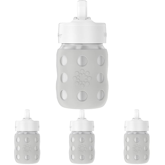 Lifefactory 8-Ounce Stainless-Steel Vacuum-Insulated Wide-Neck Baby Bottle with Straw Cap, Stone Gray (LS2241WCG4) (Pack of 4)