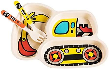 Kid Plate Set Toddler Plates Dinnerware Dinner Dish Set Baby Feeding Spill Proof Divided Plate - Baby Spoon and fork 3-Piece Set Teaches Child Portion Control (excavator/crane)