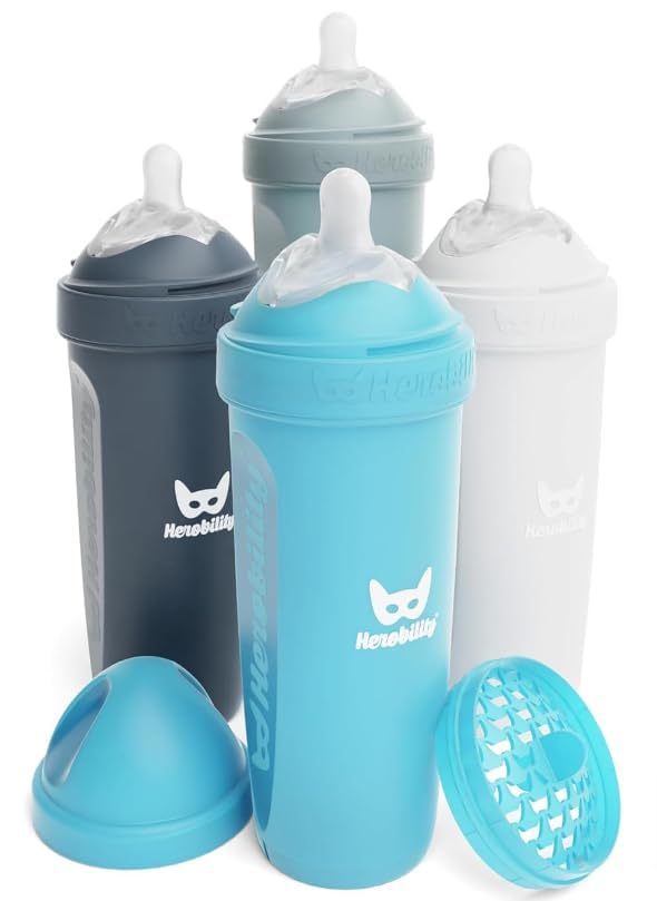 Herobility Double Anti-Colic Baby Bottles – 12 fl oz/340ml – 4-Pack – Multicolor - White, Gray, Iron Blue, Blue