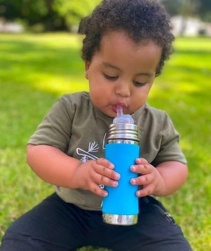 Pura Kiki 11oz/325ml Stainless Steel Straw Bottle w/Sleeve - 100% Plastic-Free, MadeSafe Certified, 100% Medical-Grade Silicone Straw for Kids, Toddlers, Preschoolers, Babies & Infant - New Aqua