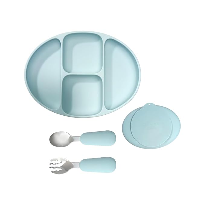 Divided Food Feeding Bowl Silicone Baby Dishes Kid Dinner Suction Baby Silicone Tableware Plate Bowl Spoon Fork Set BPA Free Non Toxic (Blue)