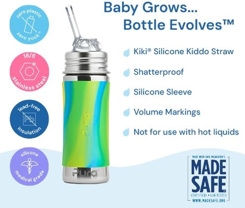 Pura Kiki 11oz/325ml Stainless Steel Straw Bottle w/Sleeve, 100% Plastic-Free, MadeSafe Certified, 100% Medical-Grade Silicone Straw for Kids, Toddlers, Preschoolers, Babies & Infant - New Unicorn