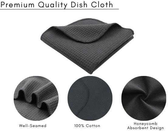 PurpleEssences Dish Cloths and Dish Rags - 6 Pack Waffle Weave Solid Kitchen Dish Wash Cloths, 100% Cotton, 12 x 12 Inches, Ultra Soft Absorbent Quick Drying -Fall Thanksgiving - Dark Grey