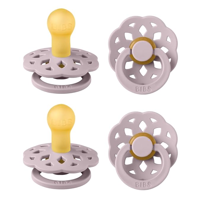 BIBS Boheme Pacifier 4-Pack. BPA Free Dummy Pacifier, Round Nipple. Natural Rubber Latex, Made in Denmark, Size 1 (0-6 Months), Dusty Lilac