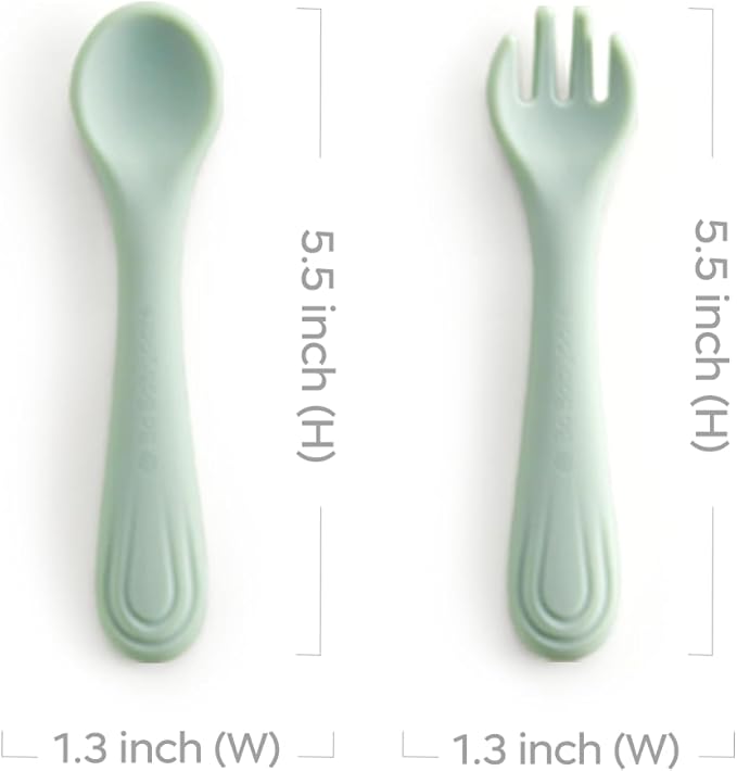 Bc Babycare Portable 4 Pack Baby & Toddler Self Feeding Fork and Spoon Set with Storage Case, BPA-Free Silicone Utensils for Boys and Girls, Safe & Easy to Carry, Green & Pink