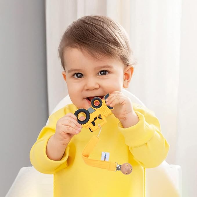 Baby Food Grade Silicone Car Teether Toy with Pacifier Clip Holder,Teething Pain Relief Toys Gift Set for 3 Months+ Boys and Girls,Freezer Safe,BPA Free (Bulldozer, Yellow)