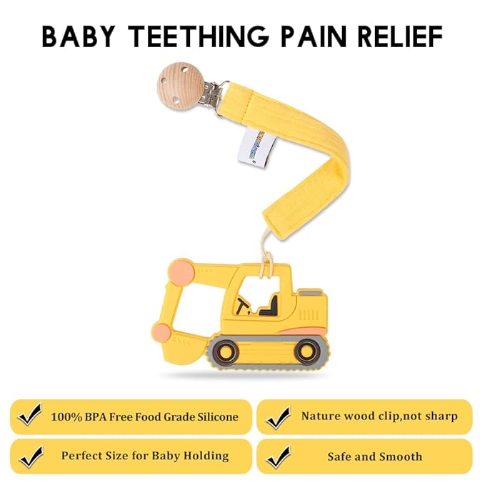 Baby Food Grade Silicone Car Teether Toy with Pacifier Clip Holder,Teething Pain Relief Toys Gift Set for 3 Months+ Boys and Girls,Freezer Safe,BPA Free (Excavator, Yellow)