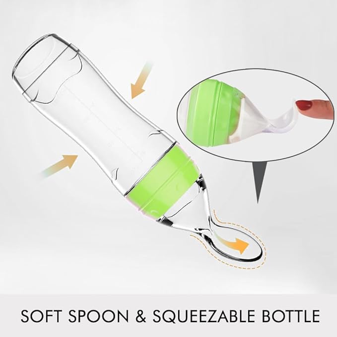 Matyz Silicone Baby Food Dispensing Spoon (Green, 4oz / 120ml) Squeeze Feeder with Spoon - Spoon Bottle for Baby - Baby Spoon Feeder Bottle Baby Solid Food Feeder - Ideal for 4 Months+ Babies