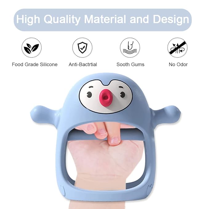 Smily Mia 2pack Baby Teething Toys for 0-6 3-6Months |Penguin Teether | Hand Teethers| Teething Mittens|Chew Toys for Teething Pain Relief, Baby Pacifiers| New Born Essentials, Blue+Grey
