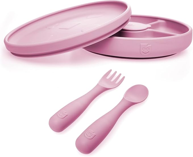 Talktools Bitsy Feeding Kid's Essentials Plate Set – Toddler Utensils, Spoon and Fork, Plate Lid, Perfect for Mealtime – Strong Suction Toddler Plates with 4 Compartments (Set-Bubblegum)