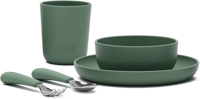 Lalo Big Bites Kids Dinnerware Starter Set - Dishwasher Safe, BPA Free, Kids Tableware Set - Includes Stackable Bowl, Plate, Utensils & Cup - 5 Pieces - Olive