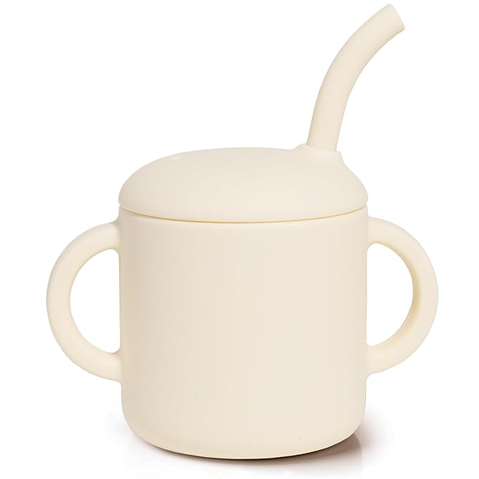 Silicone Baby Cup with Straw, Straw Cup for 6 months+ old, Leak Proof Silicone Baby Training Cup 6 fl oz (Beige)