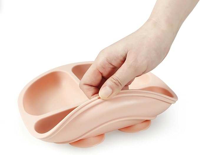 PandaEar 3 Pack Toddler Plates with 3 Spoons, 100% Silicone Divided Suction Plate for Babies, BPA-Free, Dishwasher and Microwave Safe -Pink/Brown/Brick red