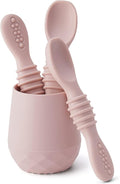 SAMiGO Silicone Baby Utensils - Self Feeding Spoons and Tiny Training Cup - First Stage Baby Led Weaning Supplies for 6 Months+ Infants - Set of 4