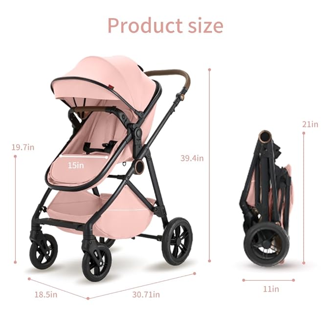 2 in 1 Baby Stroller, High Landscape Infant Stroller Pram Foldable Pushchair with Adjustable Canopy, Storage Basket, Suspension Wheels,5-Point Harness,Mom Bags (Pink)