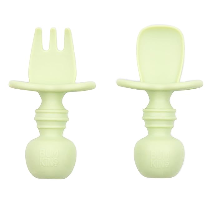 Bumkins Baby Utensils Set, Chewtensils Silicone Spoons for Dipping, Self-Feeding, Baby Led Weaning, Trainer Learning, First Stage Eating, Soft Practice Fork and Spoon, Babies 6 Months, Sage Green