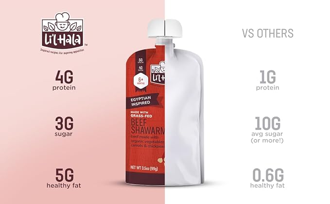Li’l Hala Baby Food Pouches – Grass-Fed Beef Shawarma & Organic Veggies – Toddler Puree with Meat – High Protein, Healthy Fats – BPA-Free – No Sugar or Hormones – 6+ Months – 3.5 oz (12 Pack)