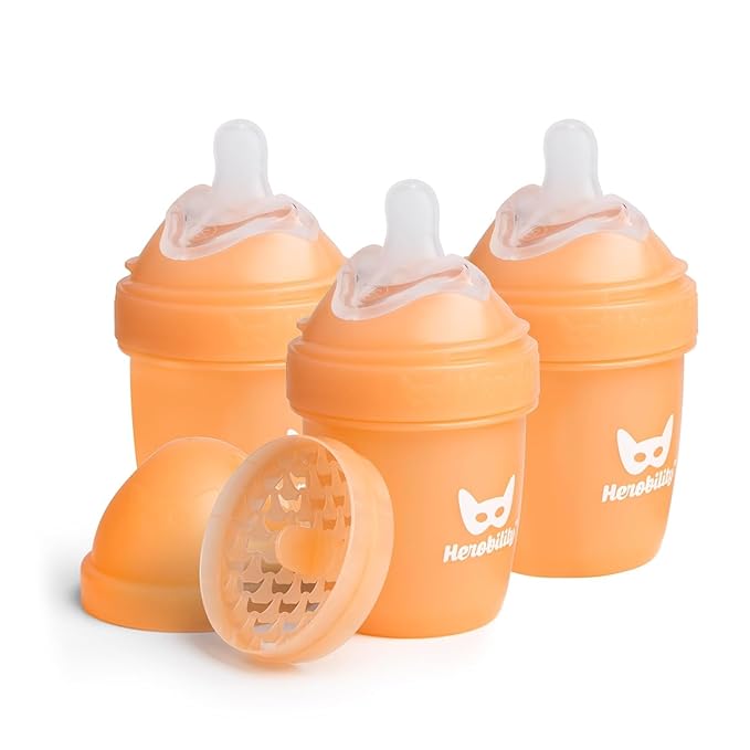 Herobility Double Anti-Colic Baby Bottles – 5 fl oz/140ml – 3-Pack – Peach