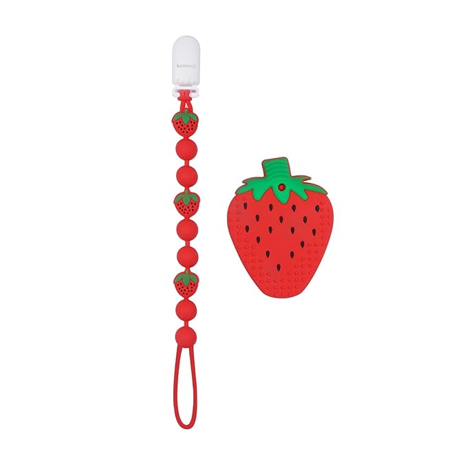 Cute Animal Baby Food Grade Silicone Teether Toy with One Piece Design Pacifier Clip Holder,Teething Pain Relief Toys Gift Set for 3 Months+ Boys and Girls,Freezer Safe,BPA Free (Strawberry)