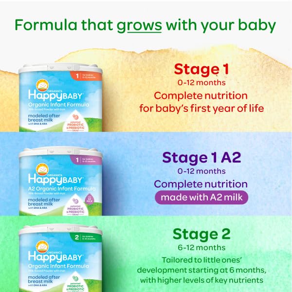 Happy Baby Organics Stage 1 A2 Infant Formula, 0 12 Months, Milk Based Organic Baby Formula Powder with A2 Milk, Probiotics & Prebiotics for Immune & Digestive Support, 22.9 Ounce (Pack of 1)