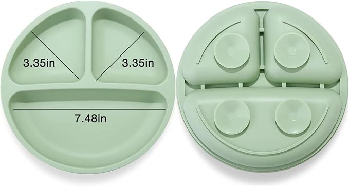 PandaEar 3 Pack Divided Unbreakable Silicone Baby and Toddler Plates - Non-Slip - Dishwasher and Microwave Safe - Silicone (Pink Green Light Tan)