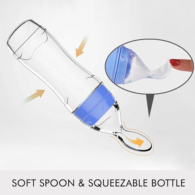 Matyz Silicone Baby Food Dispensing Spoon (Blue, 4oz / 120ml) Squeeze Feeder with Spoon - Spoon Bottle for Baby - Baby Spoon Feeder Bottle Baby Solid Food Feeder - Ideal for 4 Months+ Babies