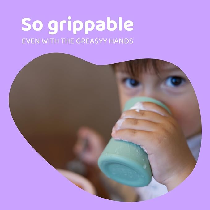APLAINR Grip Cup, Silicone Open Training Cup for Baby and Toddler, 3 fl oz, Easy Grip, Non-Slip, Heavy Base, Microwave & Dishwasher Safe, No BPA, Pack of 2, Oat Cream