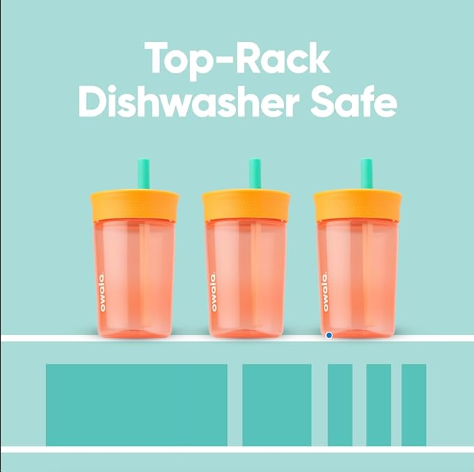 Owala Kids Insulation BPA-Free Plastic Tumbler with Spill Resistant Flexible Straw, Easy to Clean, Kids Water Bottle, Great for Travel, Dishwasher Safe, 15 Oz, Orange and Peach (Watermelon)