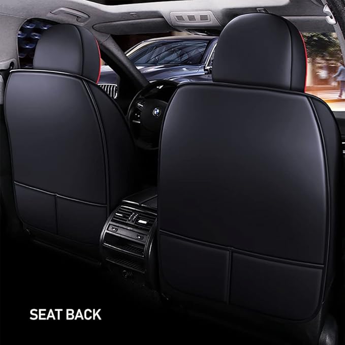 Full Set of Universal Fit Automotive Seat Covers fit for Suzuki 1999-2025 95% Models, PU Leather Automobile Interior Sets with Headrest & Back Pillow Black & Red Line