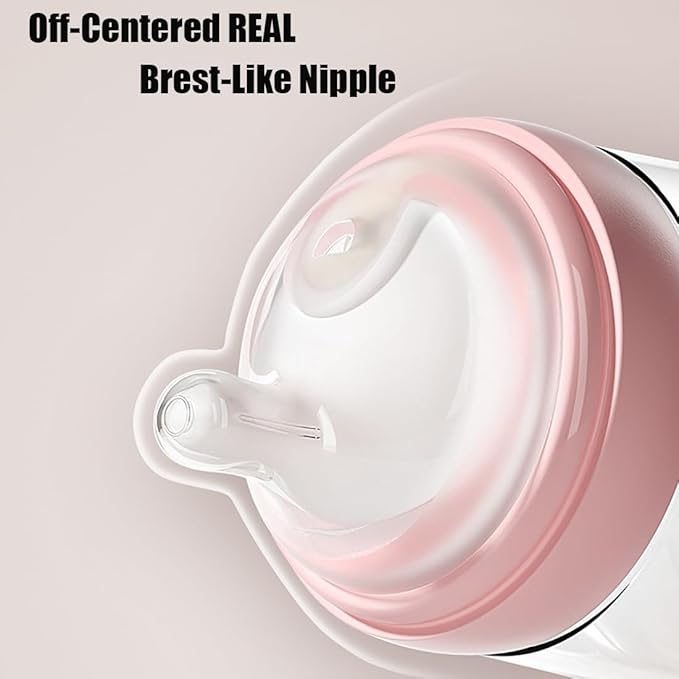 Baby Bottles with Slow Off-Centered Nipple for 0+ Months, Anti Colic Newborn Milk Feeding Bottle, 150ml/5oz/Pink/3Pack