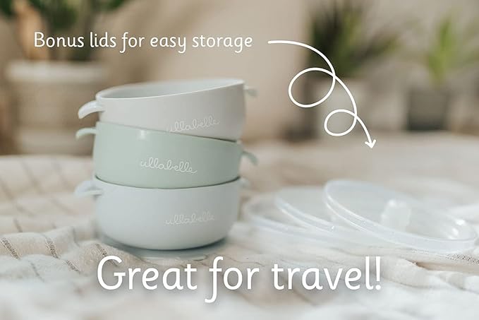 Ullabelle Toddler Plates & Bowls Complete Set w/Spoon - BPA Free 100% Food Grade Silicone - Microwave & Dishwasher Safe Baby Suction Plate, Bowl w/Lid, & Spoon - (Sage)