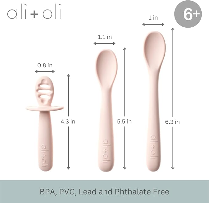 Ali+Oli (3pc) Silicone Spoon Set for Baby (Blush) Unbreakable Baby Spoons, Self Feeding Utensils, Multi-stage Design, Ergonomic Handle