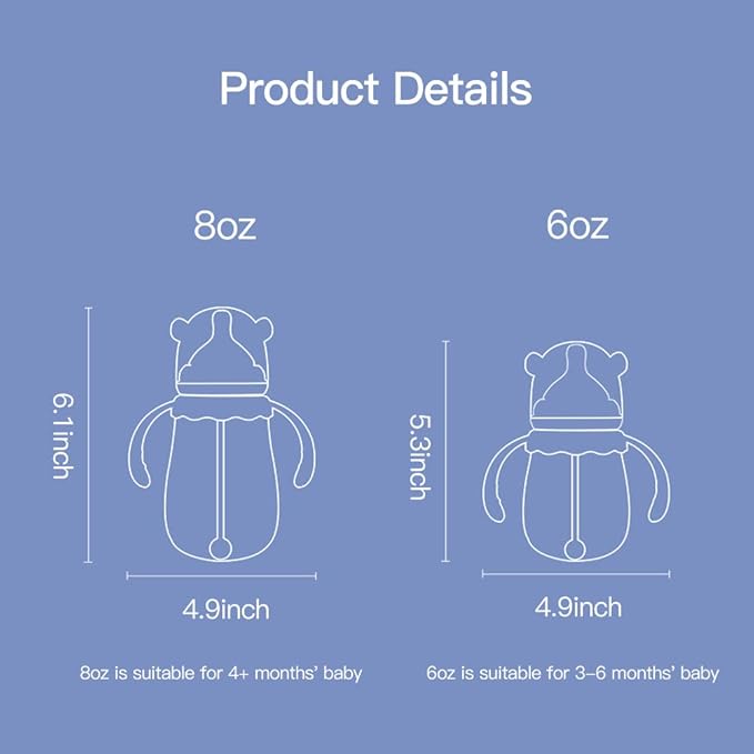 POTATO Glass Baby Bottles, Anti-Colic Breastfeeding Bottles with Fast Flow Nipple, Suitable for Babies 6-12 Months, 2 Replaceable Nipples, 8 oz, Blue