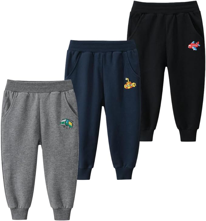 GFQLONG Toddler Boys 3 Pack Cotton Active Jogger Pants,Kids Cartoon Sweatpants Casual Lounging Bottoms