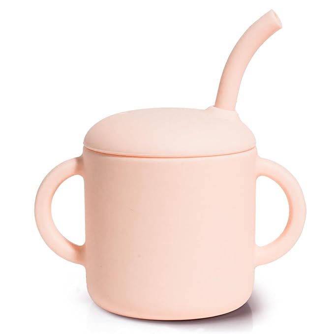 Silicone Baby Cup with Straw, Straw Cup for 6 months+ old, Leak Proof Silicone Baby Training Cup 6 fl oz (Blush)