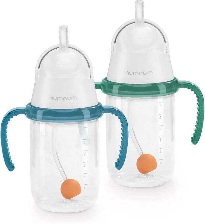NumNum Baby Straw Cup, Weighted Straw Cup, Spill Proof Sippy Cups with Straw for 6-12 Months, Toddler Drinking Cups, Baby Essentials (2-Pack, Blue/Green)