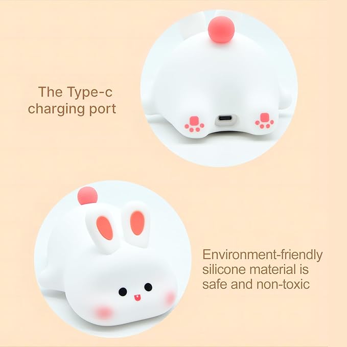 S NMT Cute Rabbit Silicone Night Lights Cartoon Bedroom Lamp for Children's Room Decor, USB Rechargeable Timing Dimming Silicone Sleep Light for Kids, Toddler, Baby
