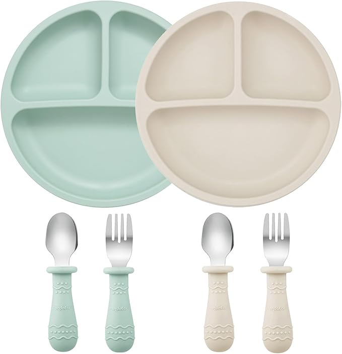 PandaEar Baby Feeding Set| 2 Pack Silicone Divided Suction Plate, 2 Set Toddler Spoons & Forks| Baby Led Weaning Supplies Self Feeding Eating Utensils