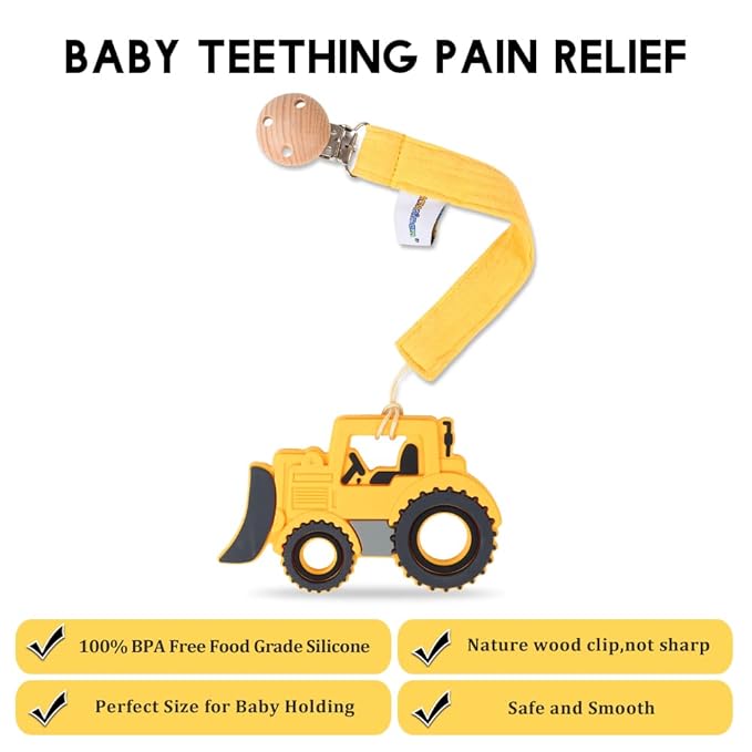 Baby Food Grade Silicone Car Teether Toy with Pacifier Clip Holder,Teething Pain Relief Toys Gift Set for 3 Months+ Boys and Girls,Freezer Safe,BPA Free (Bulldozer, Yellow)