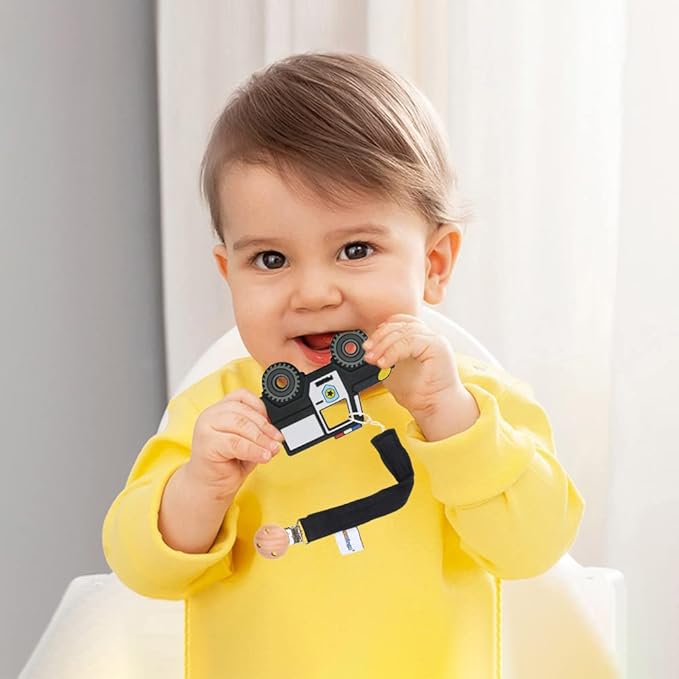 Baby Food Grade Silicone Car Teether Toy with Pacifier Clip Holder,Teething Pain Relief Toys Gift Set for 3 Months+ Boys and Girls,Freezer Safe,BPA Free (Police Car, Black)