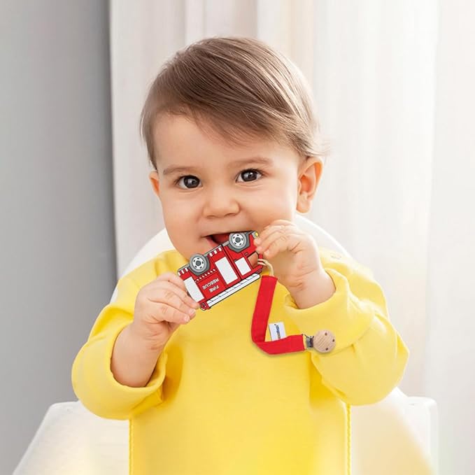 Baby Food Grade Silicone Vechicle Car Teether Toy with Pacifier Clip Holder,Teething Pain Relief Toys Gift Set for 3 Months+ Boys and Girls,Freezer Safe,BPA Free (Fire Truck).