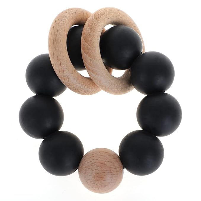 Silicone Baby Teether, Food Grade Silicone & Beech Baby Teething Toy, BPA Free (Black)