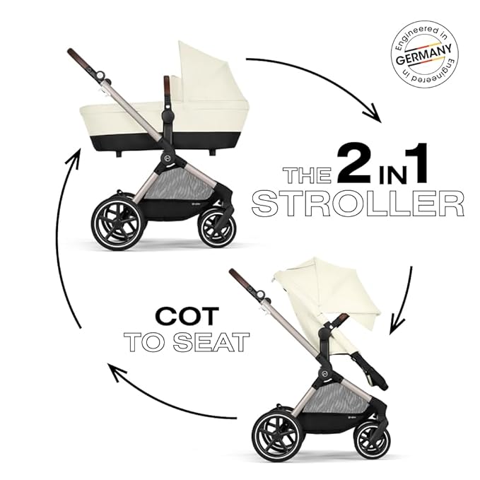 Cybex EOS 2-in-1 Stroller - Bassinet Stroller Converts to Toddler Stroller with One-Hand Recline - Bassinet and Toddler Seat Included, Reversible & Travel System Ready, Seashell Beige