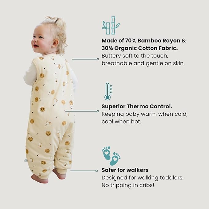 Tealbee Dreamsuit Toddler Sleep Sack with Feet – Walker Sleep Bag with Legs, Rayon made from Bamboo, Winter 1.5 TOG, 2-Way Zipper, 12m-2T - Cookies