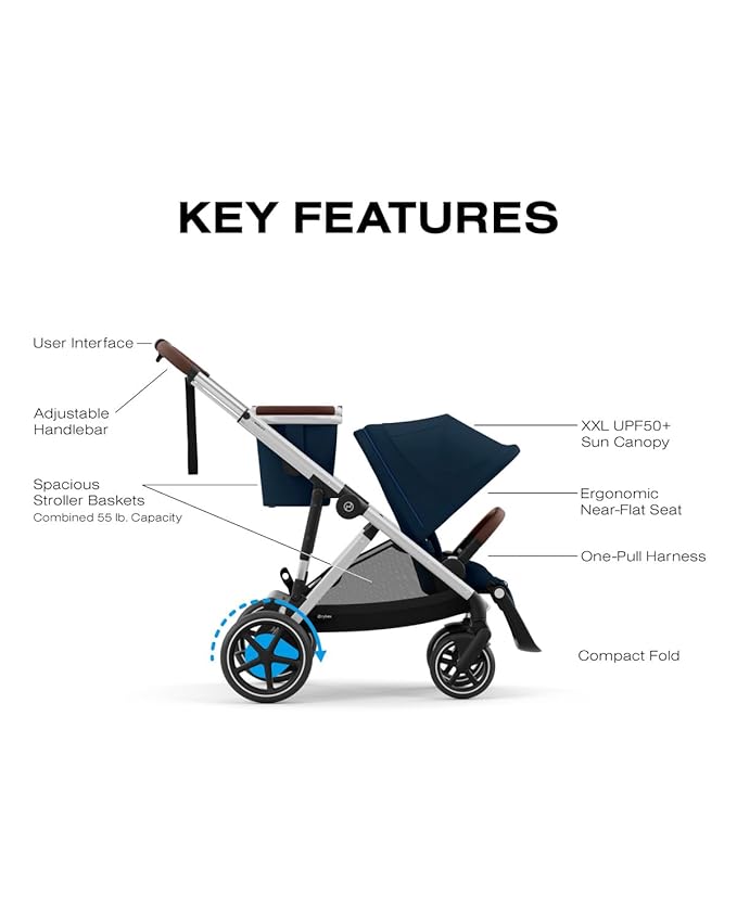 Cybex e-Gazelle S Electronic Assist Stroller – Gazelle S Single-to-Double Electric Stroller, Smart Assist, Rocking Mode, 20+ Configurations & Compact Fold, Silver Frame with Ocean Blue Seat