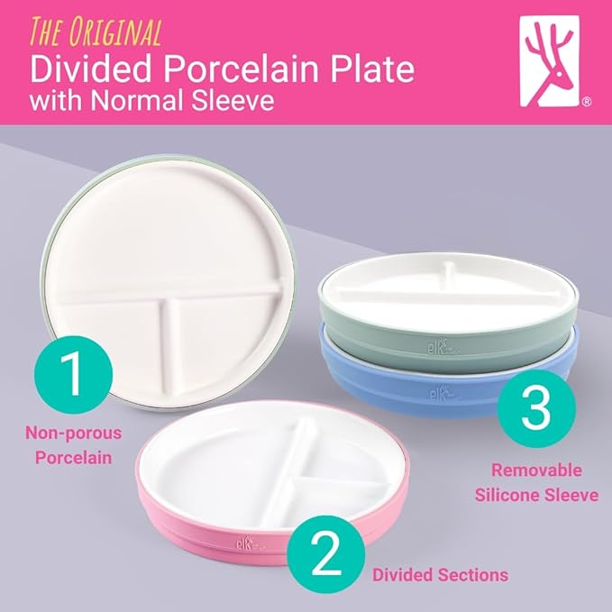 Elk and Friends Kids 6.7” Porcelain Divided Plates with Silicone Sleeves + Silicone Lids | Suitable for Babies/Kids/Toddlers | Microwave & Dishwasher Safe | Non Slip | Snack Dishes